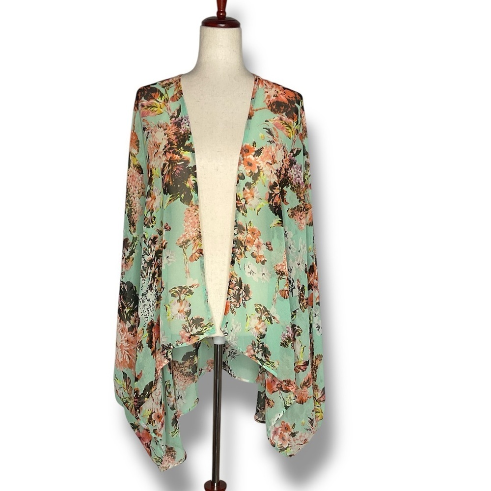 Cejon Teal Floral Open Front Draped Boho Kimono One Size